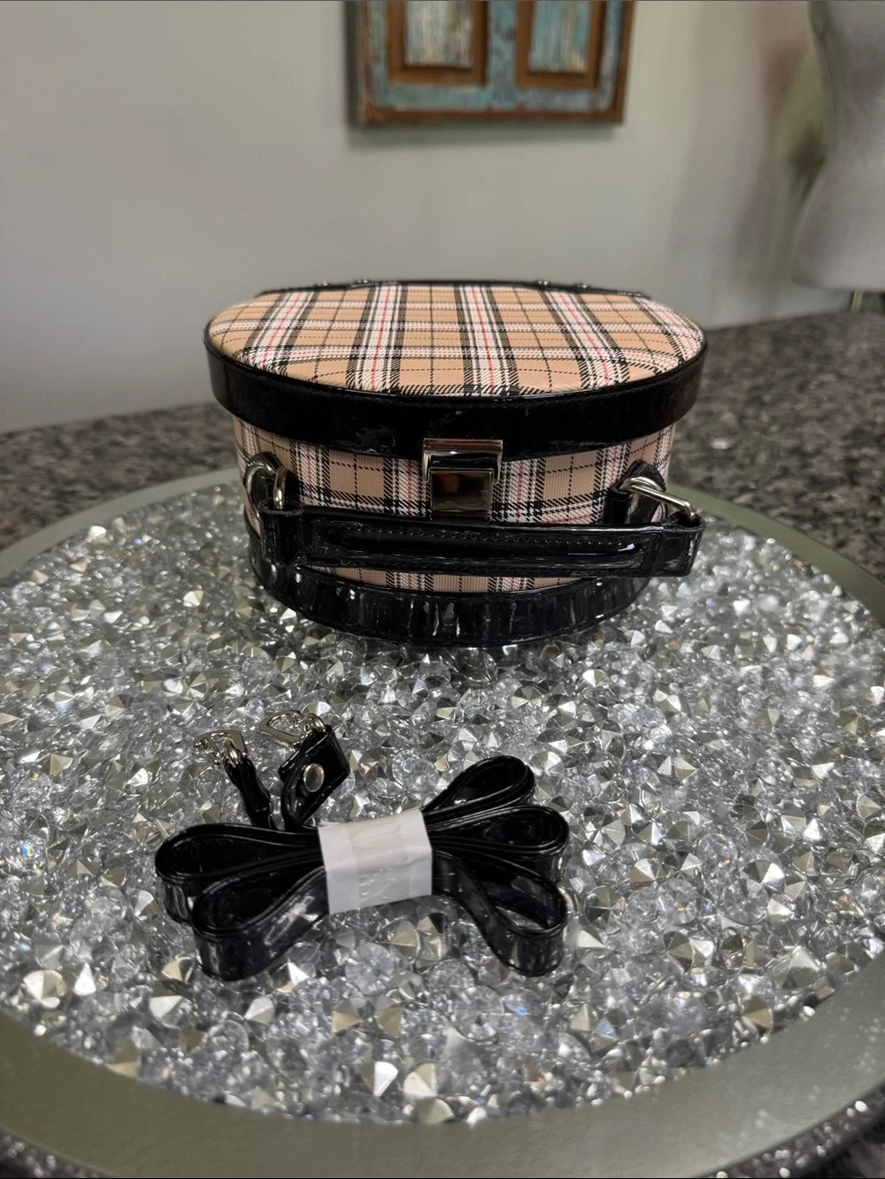 Tartan Plaid circular Shaped Crossbody Bag with Black Trim NWOT